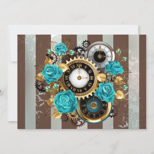 Steampunk Clock- en Turquoise-Rozen op gestreept Save The Date (Voorkant)