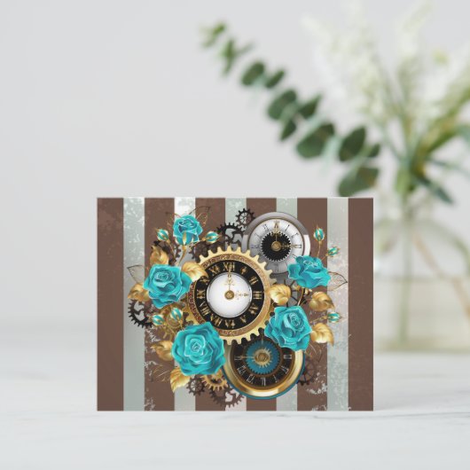 Steampunk Clock- en Turquoise-Rozen op gestreept Save The Date (Staand voorkant)
