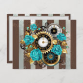 Steampunk Clock- en Turquoise-Rozen op gestreept Save The Date (Voorkant / Achterkant)