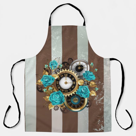 Steampunk Clock- en Turquoise-Rozen op gestreept Schort (Voorkant)