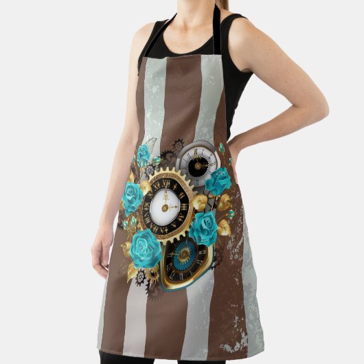 Steampunk Clock- en Turquoise-Rozen op gestreept Schort (Insitu)