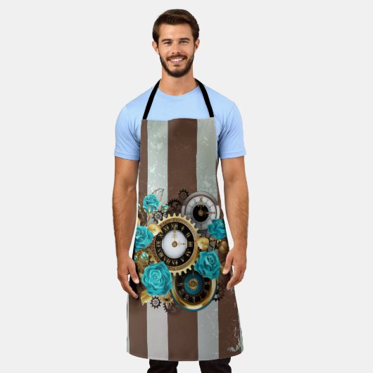 Steampunk Clock- en Turquoise-Rozen op gestreept Schort (Gedragen)