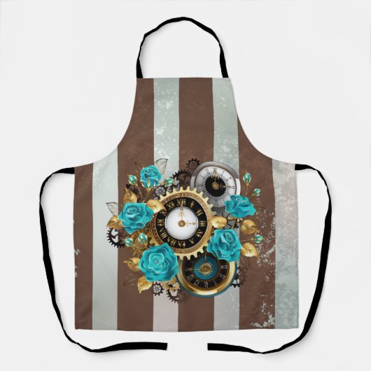Steampunk Clock- en Turquoise-Rozen op gestreept Schort (Voorkant)