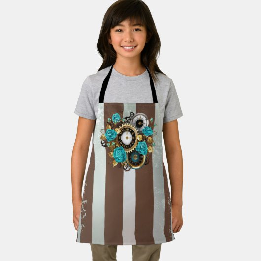 Steampunk Clock- en Turquoise-Rozen op gestreept Schort (Insitu)
