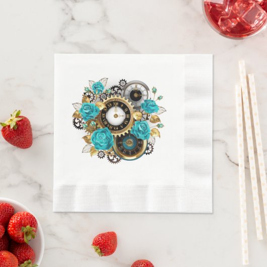 Steampunk Clock- en Turquoise-Rozen op gestreept Servet (Insitu)