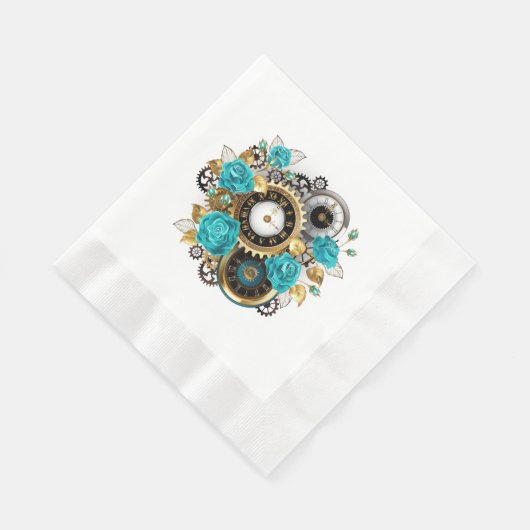 Steampunk Clock- en Turquoise-Rozen op gestreept Servet (Hoek)