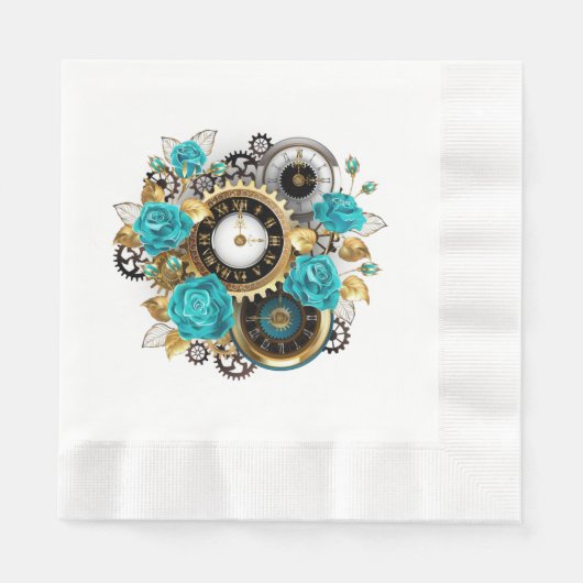 Steampunk Clock- en Turquoise-Rozen op gestreept Servet (Voorkant)