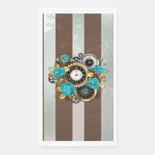 Steampunk Clock- en Turquoise-Rozen op gestreept Servet (Voorkant)