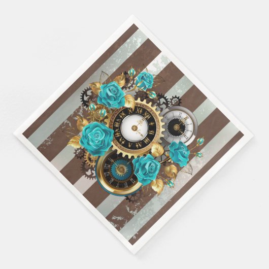 Steampunk Clock- en Turquoise-Rozen op gestreept Servet (Hoek)