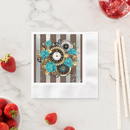 Steampunk Clock- en Turquoise-Rozen op gestreept Servet (Insitu)