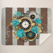 Steampunk Clock- en Turquoise-Rozen op gestreept Sherpa Deken (Voorkant (horizontaal))