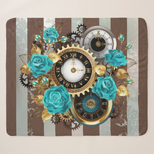 Steampunk Clock- en Turquoise-Rozen op gestreept Sherpa Deken (Voorkant (horizontaal))