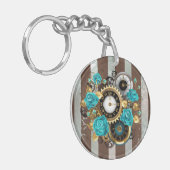 Steampunk Clock- en Turquoise-Rozen op gestreept Sleutelhanger (Voorkant Links)