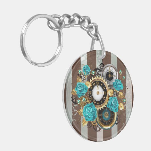 Steampunk Clock- en Turquoise-Rozen op gestreept Sleutelhanger (Voorkant Links)