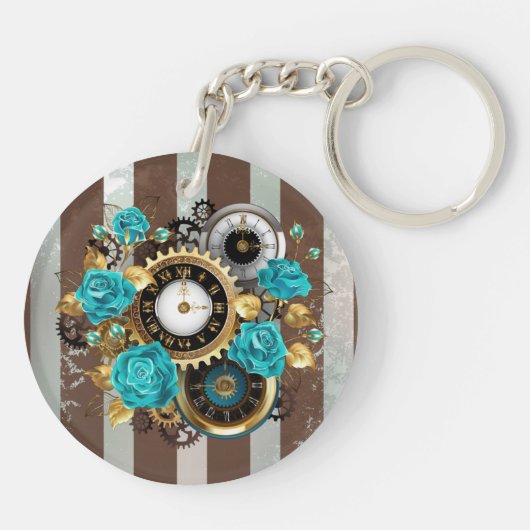 Steampunk Clock- en Turquoise-Rozen op gestreept Sleutelhanger (Achterkant)