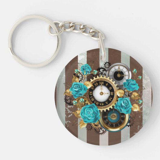 Steampunk Clock- en Turquoise-Rozen op gestreept Sleutelhanger (Voorkant)