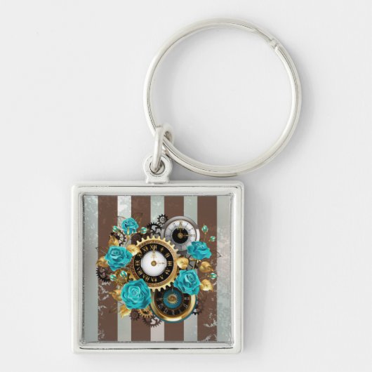 Steampunk Clock- en Turquoise-Rozen op gestreept Sleutelhanger (Voorkant)
