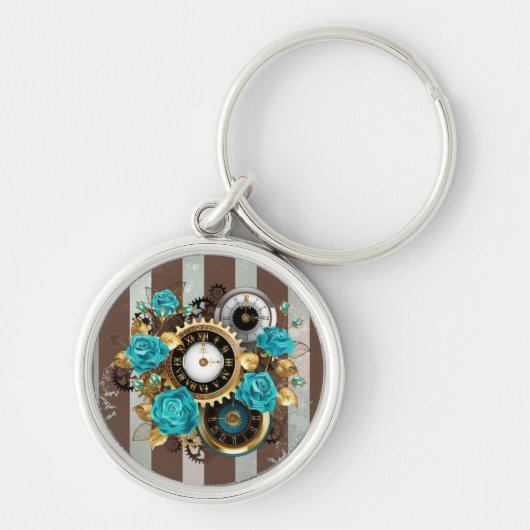 Steampunk Clock- en Turquoise-Rozen op gestreept Sleutelhanger (Voorkant)