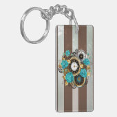 Steampunk Clock- en Turquoise-Rozen op gestreept Sleutelhanger (Voorkant Links)