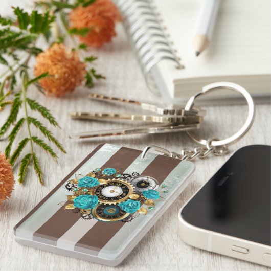 Steampunk Clock- en Turquoise-Rozen op gestreept Sleutelhanger (Voorkant Rechts)