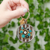 Steampunk Clock- en Turquoise-Rozen op gestreept Sleutelhanger (Hand)