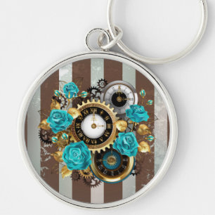Steampunk Clock- en Turquoise-Rozen op gestreept Sleutelhanger