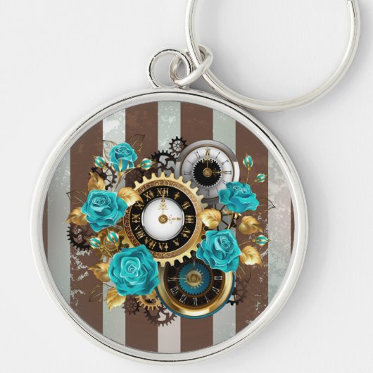 Steampunk Clock- en Turquoise-Rozen op gestreept Sleutelhanger (Voorkant)