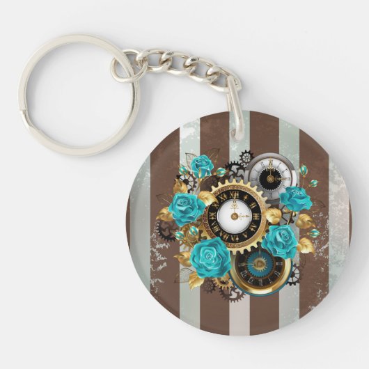 Steampunk Clock- en Turquoise-Rozen op gestreept Sleutelhanger (Voorkant)
