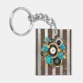 Steampunk Clock- en Turquoise-Rozen op gestreept Sleutelhanger (Voorkant Links)