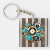 Steampunk Clock- en Turquoise-Rozen op gestreept Sleutelhanger (Voorkant)