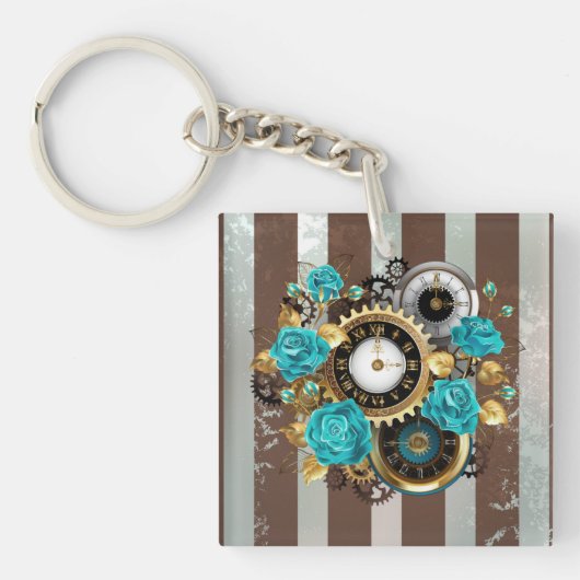 Steampunk Clock- en Turquoise-Rozen op gestreept Sleutelhanger (Voorkant)