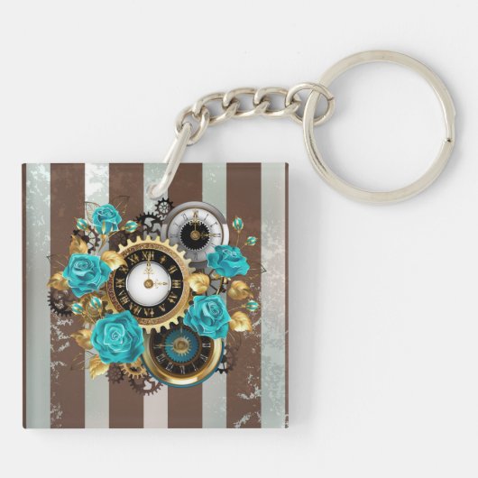 Steampunk Clock- en Turquoise-Rozen op gestreept Sleutelhanger (Achterkant)