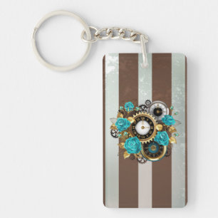 Steampunk Clock- en Turquoise-Rozen op gestreept Sleutelhanger