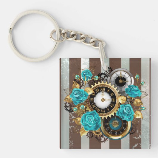 Steampunk Clock- en Turquoise-Rozen op gestreept Sleutelhanger (voorkant)
