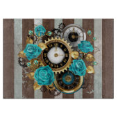 Steampunk Clock- en Turquoise-Rozen op gestreept Snijplank (Voorkant)