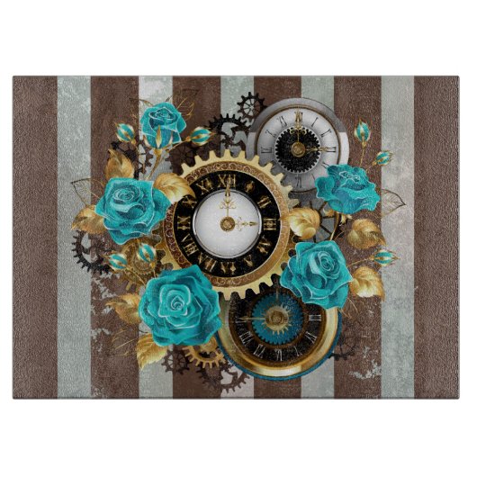 Steampunk Clock- en Turquoise-Rozen op gestreept Snijplank (Voorkant)