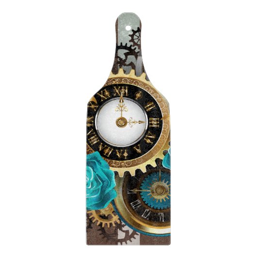 Steampunk Clock- en Turquoise-Rozen op gestreept Snijplank (Voorkant)