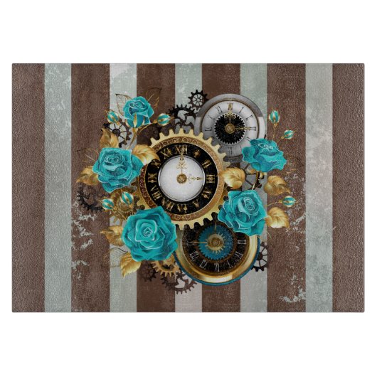Steampunk Clock- en Turquoise-Rozen op gestreept Snijplank (Voorkant)