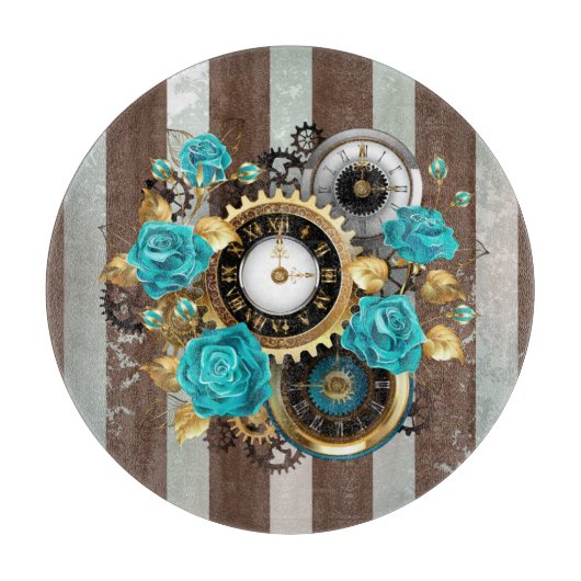 Steampunk Clock- en Turquoise-Rozen op gestreept Snijplank (Voorkant)