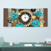 Steampunk Clock- en Turquoise-Rozen op gestreept Spandoek (Beurs)