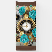 Steampunk Clock- en Turquoise-Rozen op gestreept Spandoek (Verticaal)