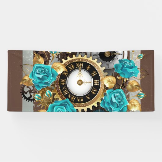 Steampunk Clock- en Turquoise-Rozen op gestreept Spandoek (Horizontaal)