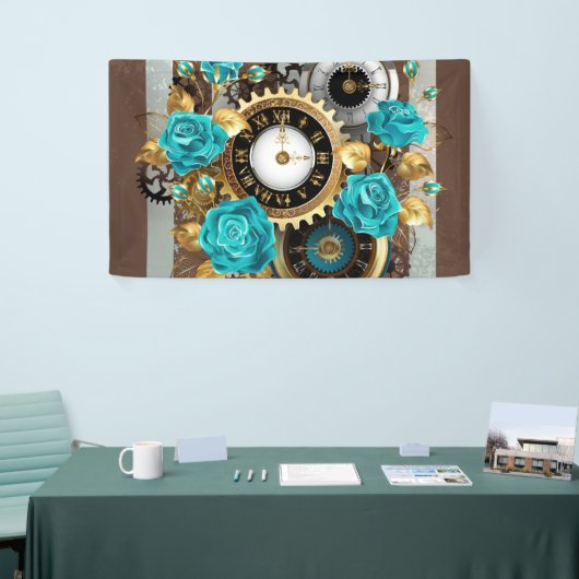 Steampunk Clock- en Turquoise-Rozen op gestreept Spandoek (Beurs)