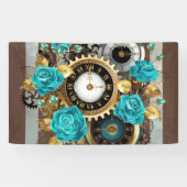 Steampunk Clock- en Turquoise-Rozen op gestreept Spandoek (Horizontaal)