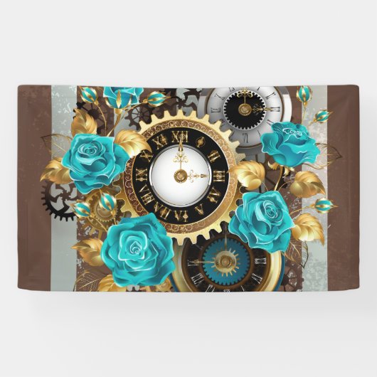 Steampunk Clock- en Turquoise-Rozen op gestreept Spandoek (Horizontaal)