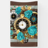 Steampunk Clock- en Turquoise-Rozen op gestreept Spandoek (Verticaal)