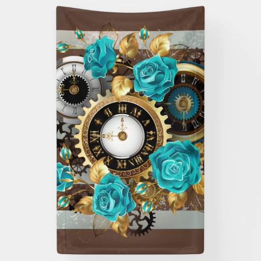 Steampunk Clock- en Turquoise-Rozen op gestreept Spandoek (Verticaal)
