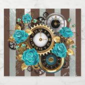 Steampunk Clock- en Turquoise-Rozen op gestreept Sparkling Wijnetiket (Enkel label)