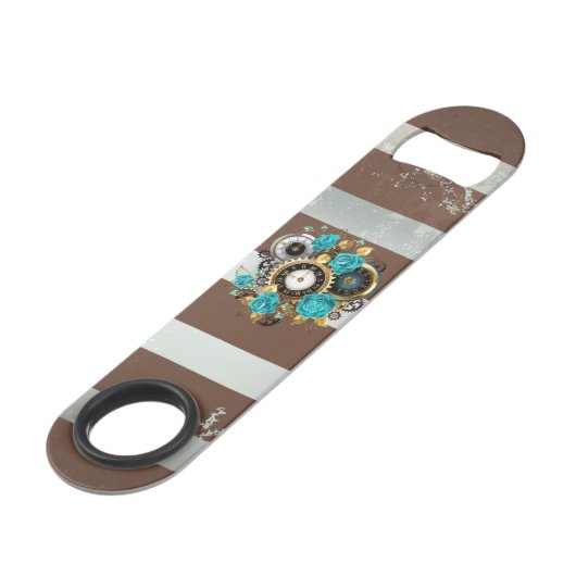 Steampunk Clock- en Turquoise-Rozen op gestreept Speed Flessenopener (Voorkant Gekanteld)