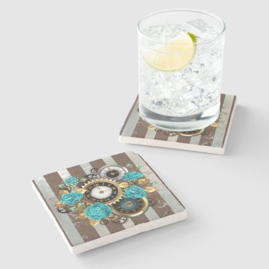 Steampunk Clock- en Turquoise-Rozen op gestreept Stenen Onderzetter (Zijkant)